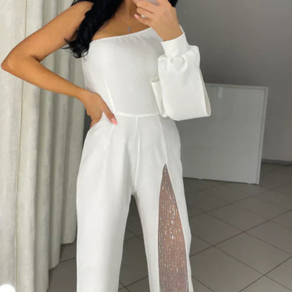 🎁Női One Shoulder Sparkly Mesh Mesh Flared Jumpsuitok