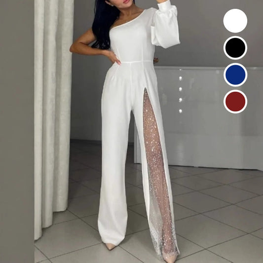 🎁Női One Shoulder Sparkly Mesh Mesh Flared Jumpsuitok