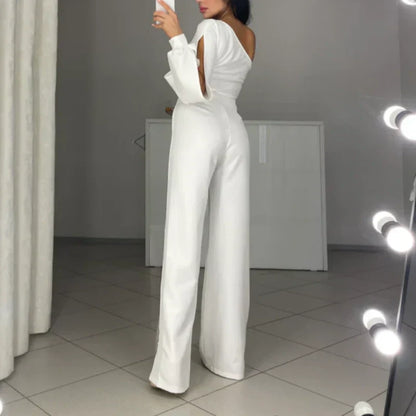 🎁Női One Shoulder Sparkly Mesh Mesh Flared Jumpsuitok