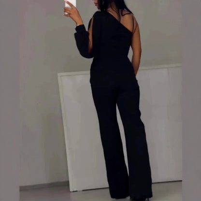 🎁Női One Shoulder Sparkly Mesh Mesh Flared Jumpsuitok