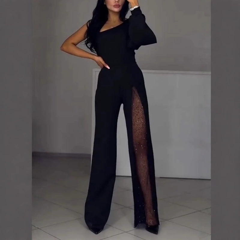 🎁Női One Shoulder Sparkly Mesh Mesh Flared Jumpsuitok