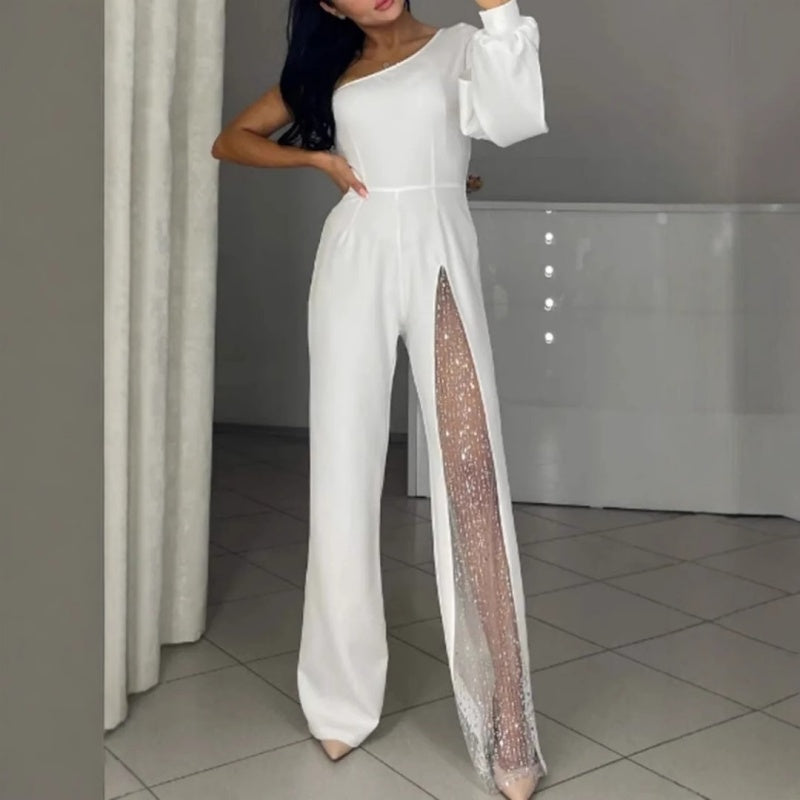 🎁Női One Shoulder Sparkly Mesh Mesh Flared Jumpsuitok