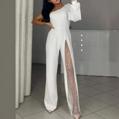 🎁Női One Shoulder Sparkly Mesh Mesh Flared Jumpsuitok