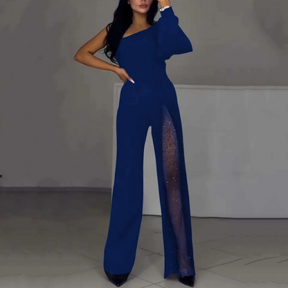 🎁Női One Shoulder Sparkly Mesh Mesh Flared Jumpsuitok