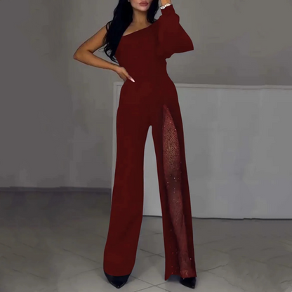 🎁Női One Shoulder Sparkly Mesh Mesh Flared Jumpsuitok