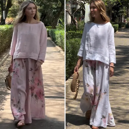 🌸Egyszínű felsők ＆ Széles szárú virágos nadrág (kétrészes szett)
