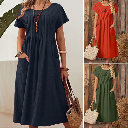 【S->4XL】Női rakott ruha rövid ujjal és zsebekkel