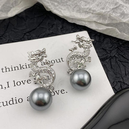 Dragon Dangling Pearl Earings -- (Segítsen a kívánságodnak valóra válni!)