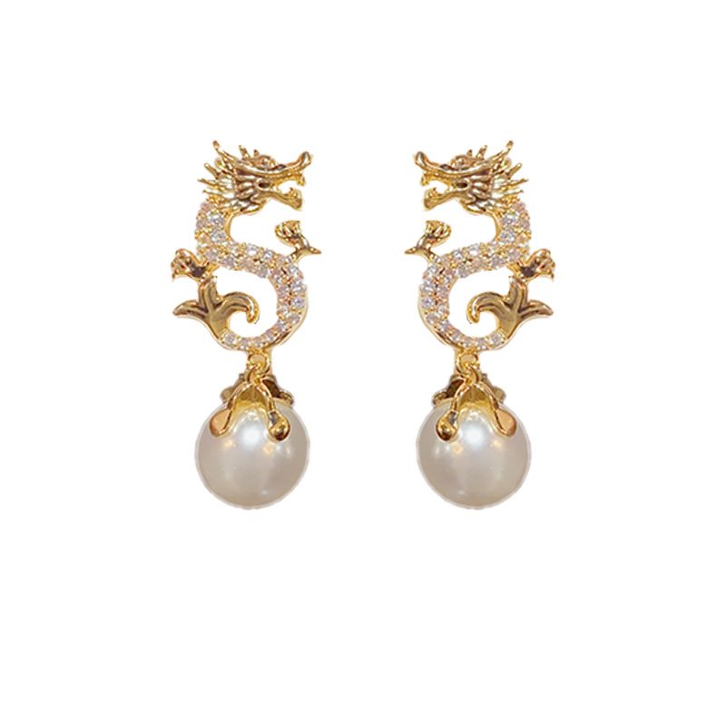 Dragon Dangling Pearl Earings -- (Segítsen a kívánságodnak valóra válni!)