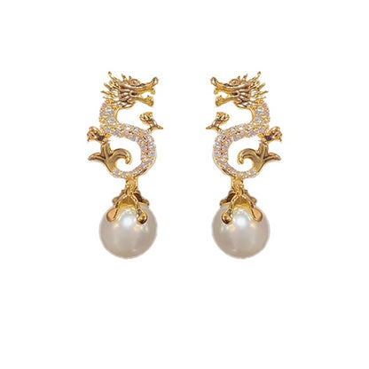 Dragon Dangling Pearl Earings -- (Segítsen a kívánságodnak valóra válni!)